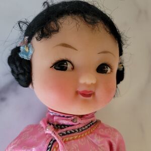 Vintage 70s China doll rubber Asian girl pink silky pant apron outift black hair